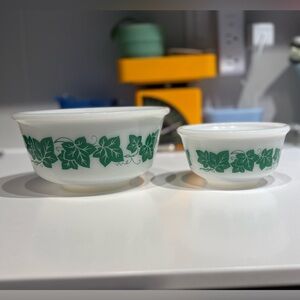 Hazel-Atlas milk glass nesting mixing bowls in the "Green Ivy" pattern